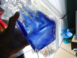 Blue White Murano Glass Vase Ruffled Top Square Base