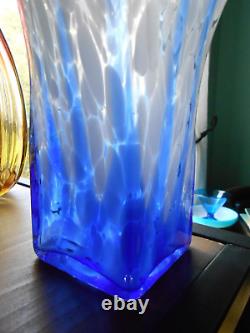 Blue White Murano Glass Vase Ruffled Top Square Base