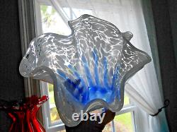 Blue White Murano Glass Vase Ruffled Top Square Base