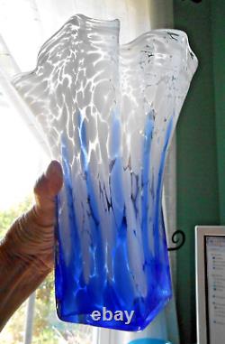 Blue White Murano Glass Vase Ruffled Top Square Base