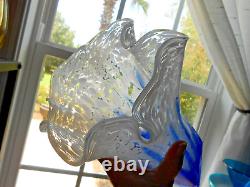 Blue White Murano Glass Vase Ruffled Top Square Base