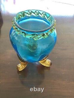 Blue and Amber Glass Vase Vintage Approximately 5. In H 3.5 B. Extremely Beautiful