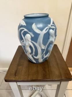 Blue and White Art Glass Vase, Decorative Abstract Motif, Textured Matte Finish