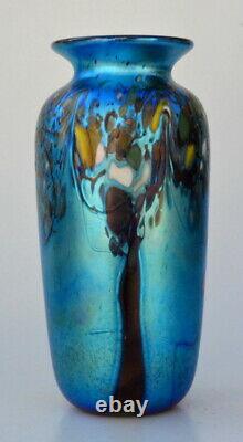 Blue luster Small Vase With Tree Design. Blown Glass