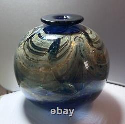 Bob Biniarz Signed 1974 Round Art Glass Vase, Blue, Green, Iridescent