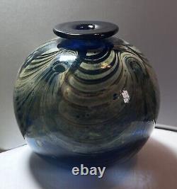 Bob Biniarz Signed 1974 Round Art Glass Vase, Blue, Green, Iridescent