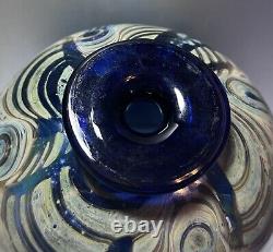 Bob Biniarz Signed 1974 Round Art Glass Vase, Blue, Green, Iridescent