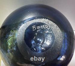 Bob Biniarz Signed 1974 Round Art Glass Vase, Blue, Green, Iridescent