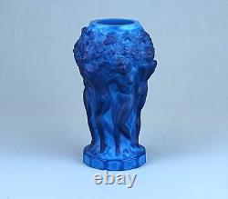 Bohemian Art Deco blue glass vase with figures of nude ladies