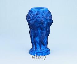 Bohemian Art Deco blue glass vase with figures of nude ladies