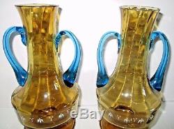 Bohemian Art Glass Vases Moser Floral Matched Pair Amber Blue Victorian