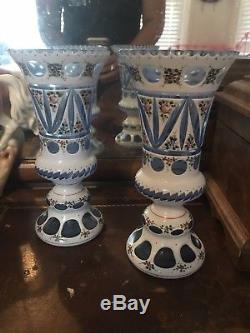 Bohemian Blue Cut Hand Painted Floral Pattern Vases