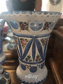 Bohemian Blue Cut Hand Painted Floral Pattern Vases
