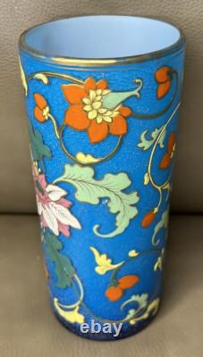 Bohemian Blue paline Art Glass Cylinder Vase Heavy Enameled Floral Design Gold