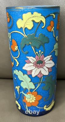 Bohemian Blue paline Art Glass Cylinder Vase Heavy Enameled Floral Design Gold
