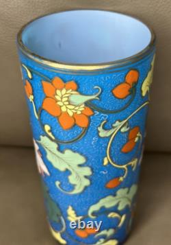 Bohemian Blue paline Art Glass Cylinder Vase Heavy Enameled Floral Design Gold