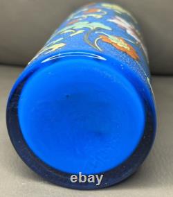 Bohemian Blue paline Art Glass Cylinder Vase Heavy Enameled Floral Design Gold