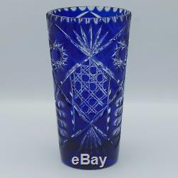 Bohemian Cobalt Cut To Clear Cut Glass Vase 8.75