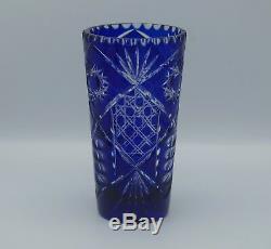 Bohemian Cobalt Cut To Clear Cut Glass Vase 8.75