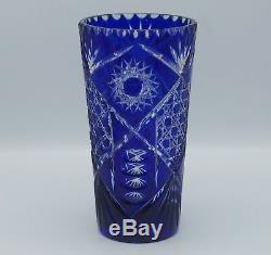 Bohemian Cobalt Cut To Clear Cut Glass Vase 8.75