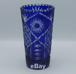 Bohemian Cobalt Cut To Clear Cut Glass Vase 8.75