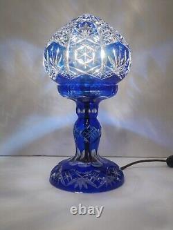 Bohemian Cut to Cobalt Blue & Clear Glass Table Lamp Signed 12 X 6