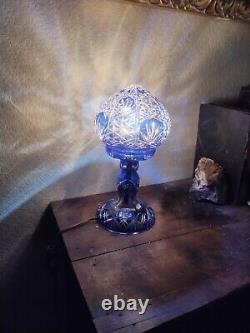 Bohemian Cut to Cobalt Blue & Clear Glass Table Lamp Signed 12 X 6