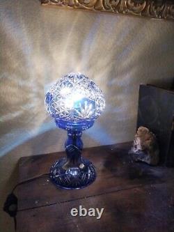 Bohemian Cut to Cobalt Blue & Clear Glass Table Lamp Signed 12 X 6