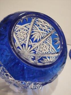 Bohemian Cut to Cobalt Blue & Clear Glass Table Lamp Signed 12 X 6