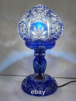 Bohemian Cut to Cobalt Blue & Clear Glass Table Lamp Signed 12 X 6