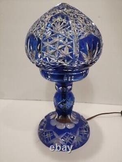 Bohemian Cut to Cobalt Blue & Clear Glass Table Lamp Signed 12 X 6