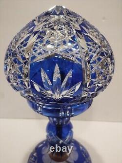 Bohemian Cut to Cobalt Blue & Clear Glass Table Lamp Signed 12 X 6