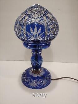 Bohemian Cut to Cobalt Blue & Clear Glass Table Lamp Signed 12 X 6