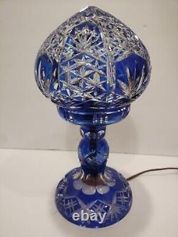 Bohemian Cut to Cobalt Blue & Clear Glass Table Lamp Signed 12 X 6