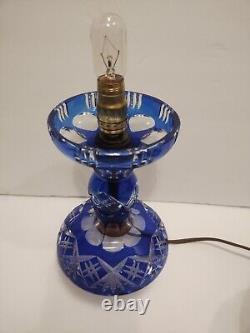 Bohemian Cut to Cobalt Blue & Clear Glass Table Lamp Signed 12 X 6