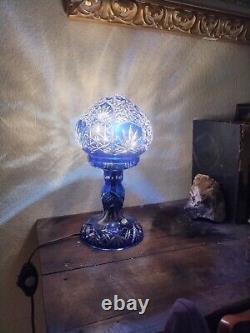 Bohemian Cut to Cobalt Blue & Clear Glass Table Lamp Signed 12 X 6