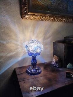 Bohemian Cut to Cobalt Blue & Clear Glass Table Lamp Signed 12 X 6