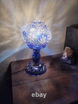 Bohemian Cut to Cobalt Blue & Clear Glass Table Lamp Signed 12 X 6