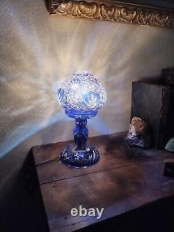 Bohemian Cut to Cobalt Blue & Clear Glass Table Lamp Signed 12 X 6