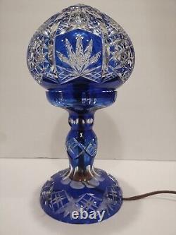 Bohemian Cut to Cobalt Blue & Clear Glass Table Lamp Signed 12 X 6