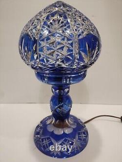 Bohemian Cut to Cobalt Blue & Clear Glass Table Lamp Signed 12 X 6