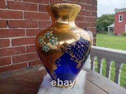 Bohemian Czech Art Glass Cobalt Blue Raised Enamel Flowers Gold Gilt 14.5 Vase