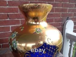 Bohemian Czech Art Glass Cobalt Blue Raised Enamel Flowers Gold Gilt 14.5 Vase