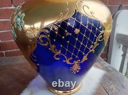 Bohemian Czech Art Glass Cobalt Blue Raised Enamel Flowers Gold Gilt 14.5 Vase