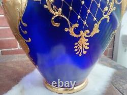 Bohemian Czech Art Glass Cobalt Blue Raised Enamel Flowers Gold Gilt 14.5 Vase