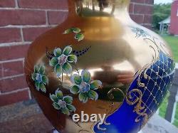 Bohemian Czech Art Glass Cobalt Blue Raised Enamel Flowers Gold Gilt 14.5 Vase