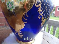 Bohemian Czech Art Glass Cobalt Blue Raised Enamel Flowers Gold Gilt 14.5 Vase