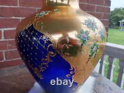 Bohemian Czech Art Glass Cobalt Blue Raised Enamel Flowers Gold Gilt 14.5 Vase