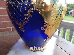 Bohemian Czech Art Glass Cobalt Blue Raised Enamel Flowers Gold Gilt 14.5 Vase