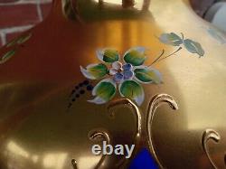 Bohemian Czech Art Glass Cobalt Blue Raised Enamel Flowers Gold Gilt 14.5 Vase